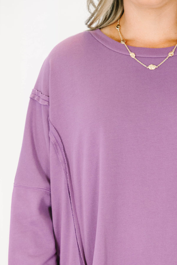 Plus Size dusty plum pullover with a crew neck, drop shoulders, and raw-edge seam detailing.