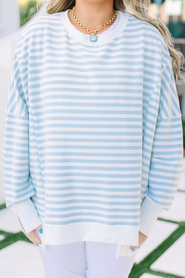 Chic Soul plus size clothing, blue stripe pullover with side slits and exposed seams