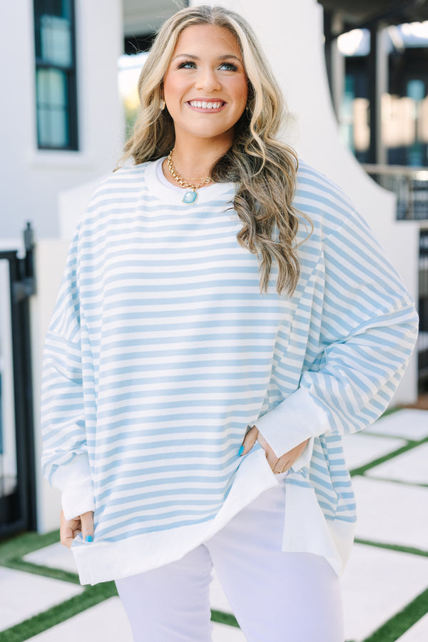Chic Soul plus size clothing, blue stripe pullover with side slits and exposed seams