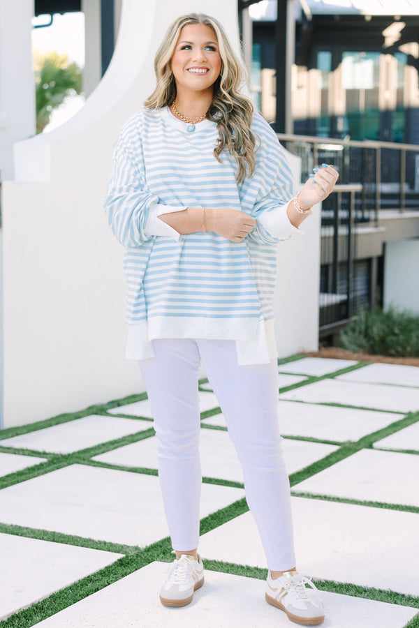 Chic Soul plus size clothing, blue stripe pullover with side slits and exposed seams