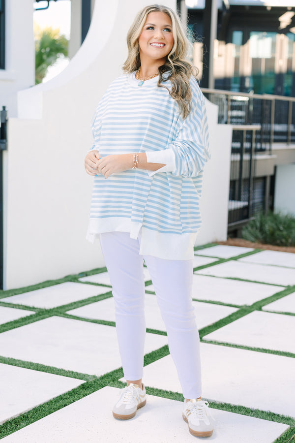 Chic Soul plus size clothing, blue stripe pullover with side slits and exposed seams