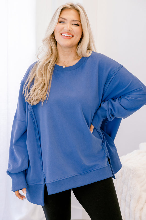 Chic Soul plus size clothing, dark blue crewneck oversized pullover 