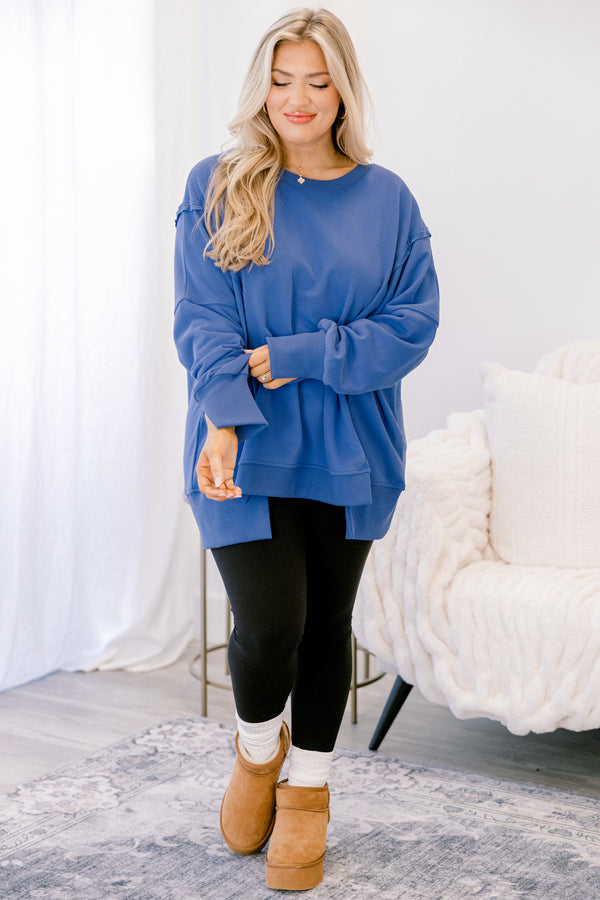 Chic Soul plus size clothing, dark blue crewneck oversized pullover 