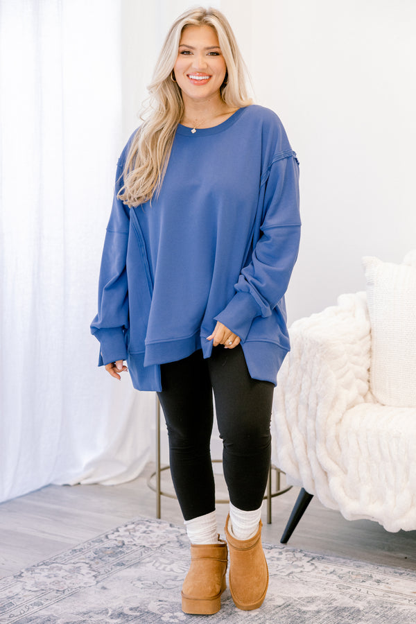 Chic Soul plus size clothing, dark blue crewneck oversized pullover 