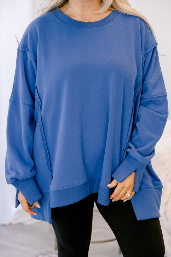 Chic Soul plus size clothing, dark blue crewneck oversized pullover 