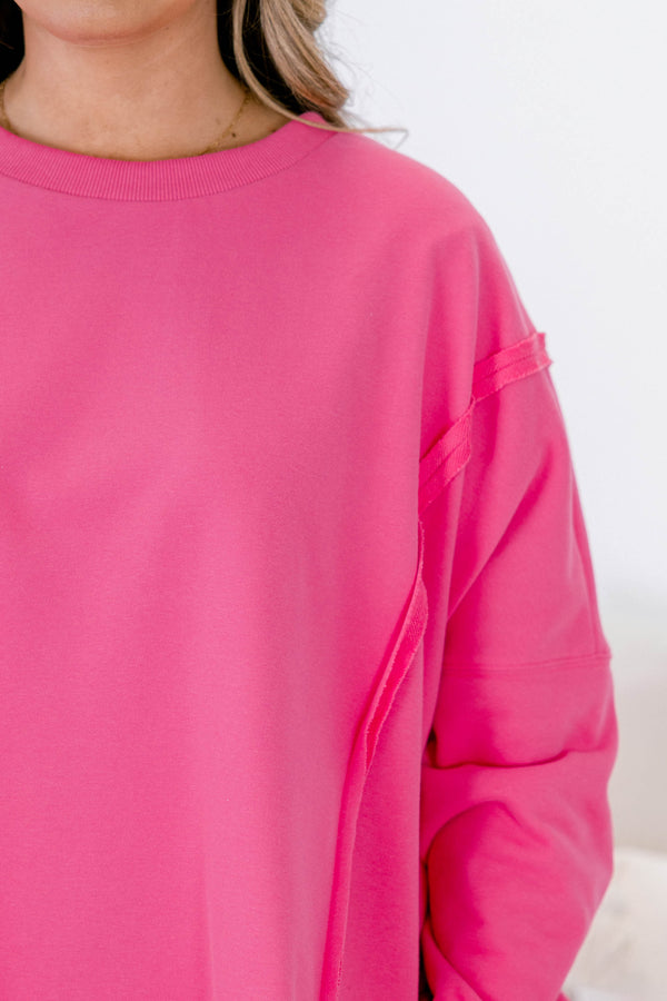 Chic Soul plus size clothing, hot pink long sleeve pullover with cuffs at the end of each sleeve 