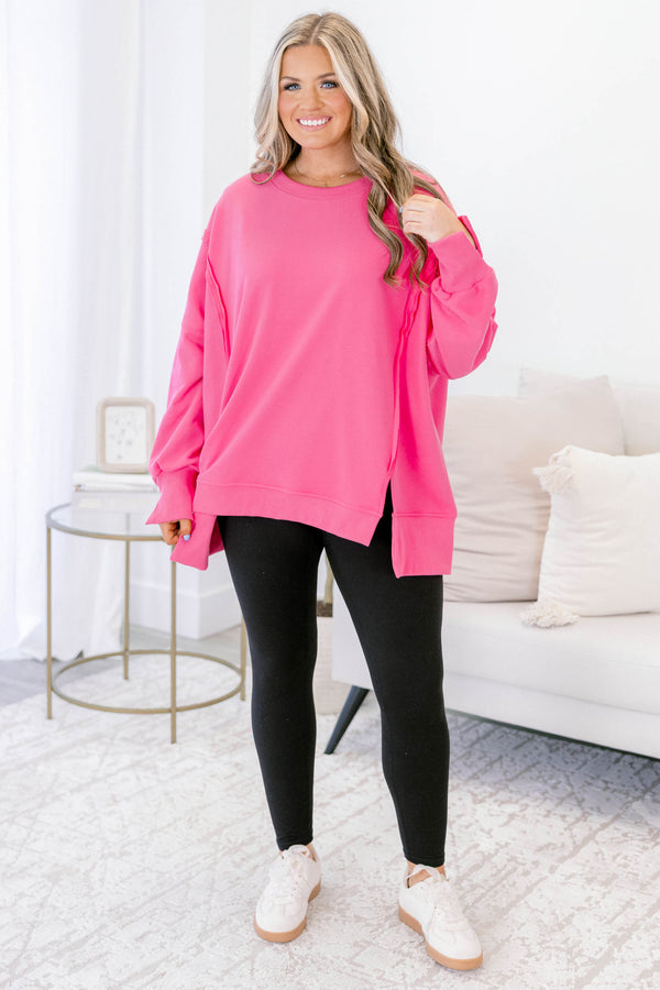 Chic Soul plus size clothing, hot pink long sleeve pullover with cuffs at the end of each sleeve 