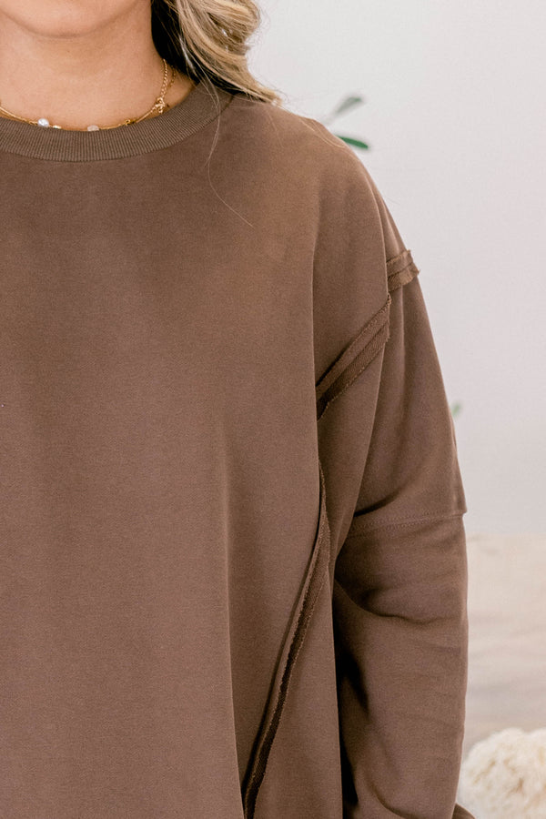 Chic Soul plus size clothing, brown long sleeve crew neck pullover