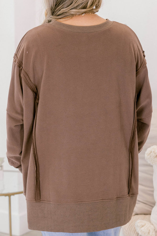 Chic Soul plus size clothing, brown long sleeve crew neck pullover