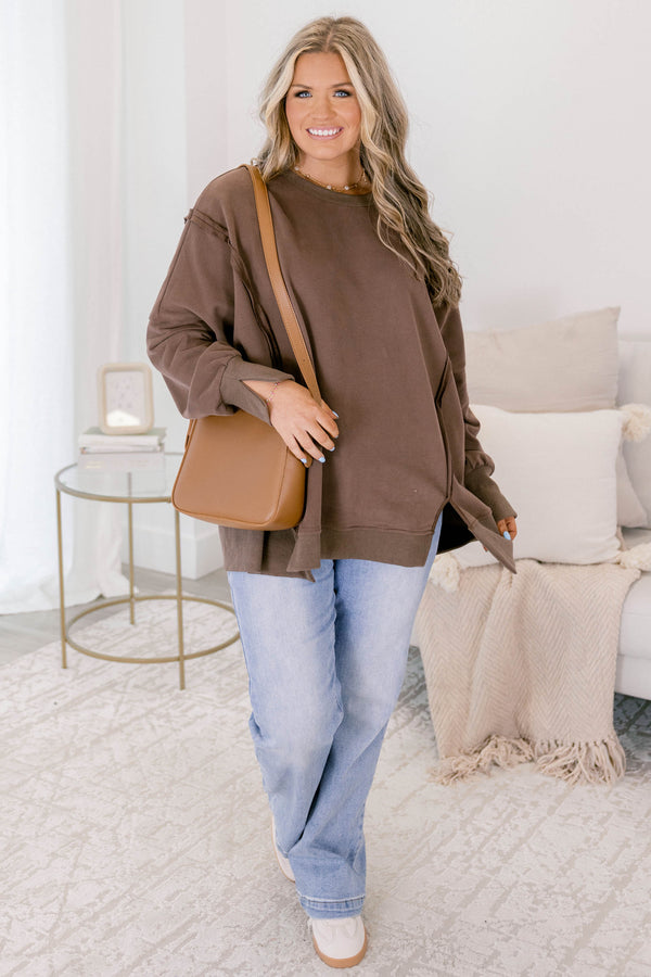 Chic Soul plus size clothing, brown long sleeve crew neck pullover