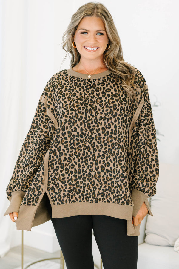 Plus Size brown leopard print pullover with a crew neckline, long sleeves, and ribbed trim.
