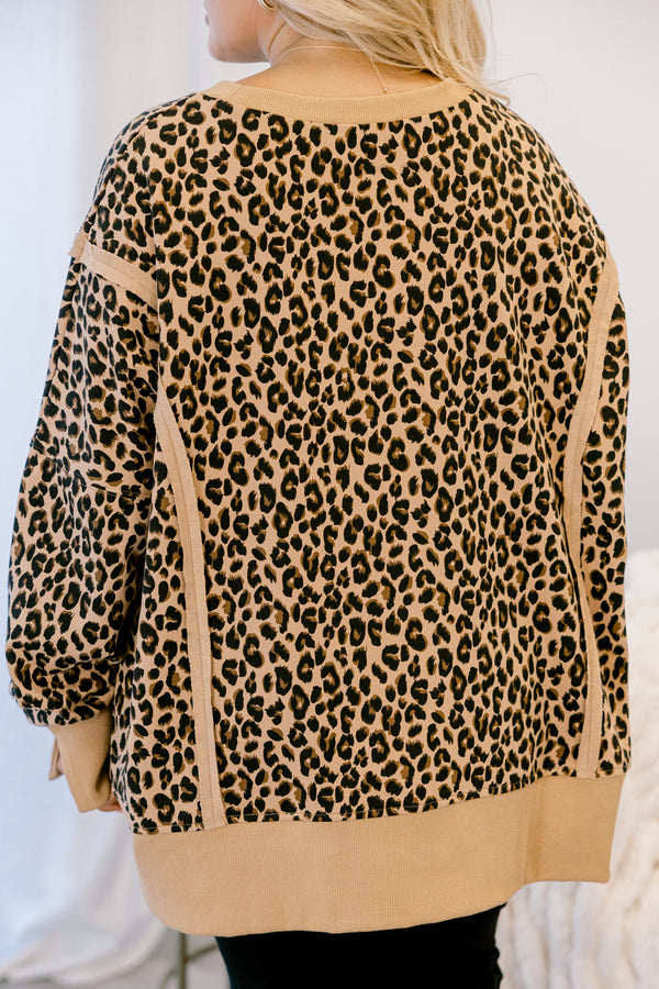 Chic Soul plus size clothing, leopard print crewneck pullover sweatshirt with exterior seam detailing