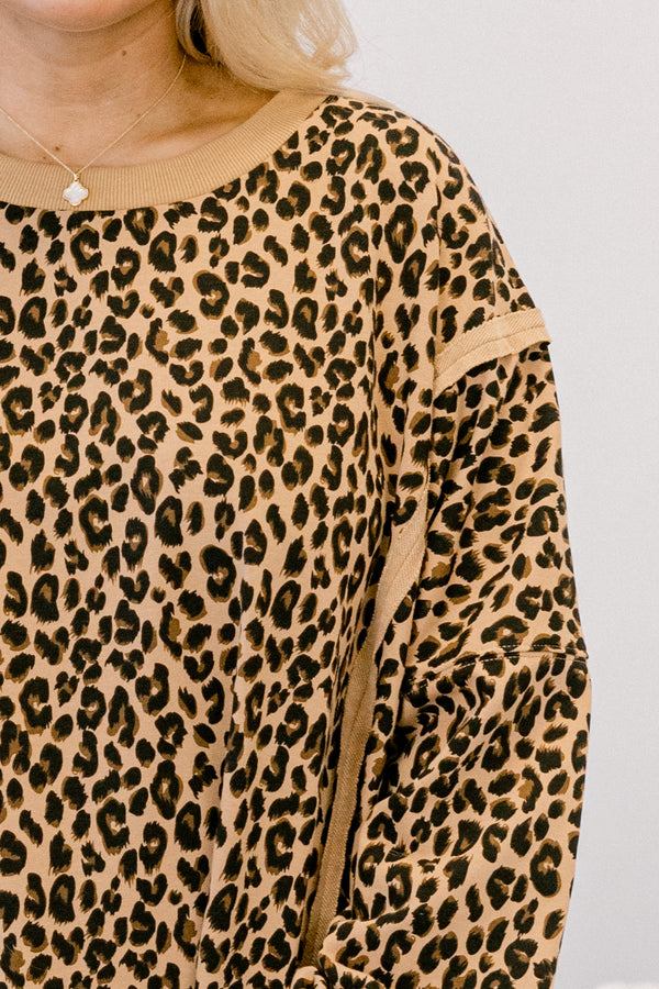 Chic Soul plus size clothing, leopard print crewneck pullover sweatshirt with exterior seam detailing
