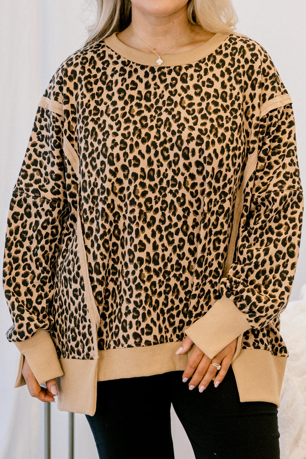 Chic Soul plus size clothing, leopard print crewneck pullover sweatshirt with exterior seam detailing