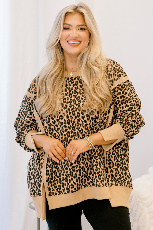 Chic Soul plus size clothing, leopard print crewneck pullover sweatshirt with exterior seam detailing
