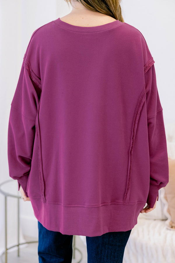 Chic Soul plus size clothing, bright purple-pink long sleeve crewneck sweatshirt pullover with raw stitching detailing on the sleeves 

