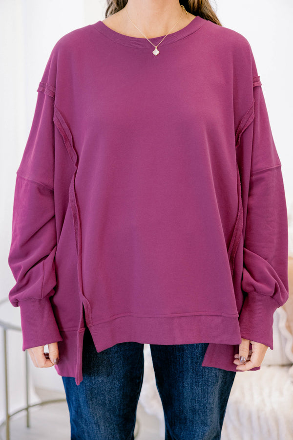 Chic Soul plus size clothing, bright purple-pink long sleeve crewneck sweatshirt pullover with raw stitching detailing on the sleeves 
