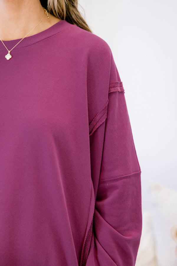 Chic Soul plus size clothing, bright purple-pink long sleeve crewneck sweatshirt pullover with raw stitching detailing on the sleeves 
