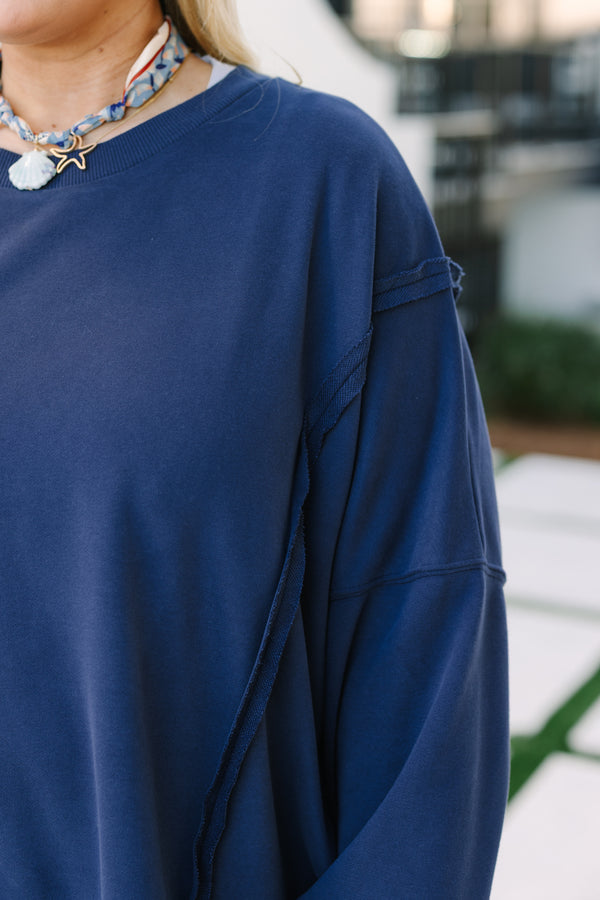 Chic Soul plus size clothing, navy long sleeve crewneck oversized pullover with slits on the hip