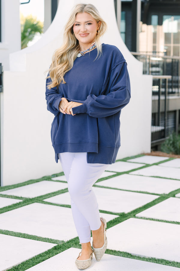 Chic Soul plus size clothing, navy long sleeve crewneck oversized pullover with slits on the hip