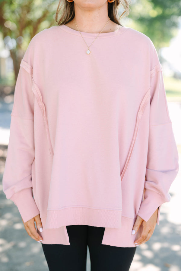 Chic Soul plus size clothing, long-sleeve pink crewneck pullover with inside-out distressed stitching