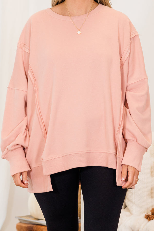 Chic Soul plus size clothing, long-sleeve pink crewneck pullover with inside-out distressed stitching