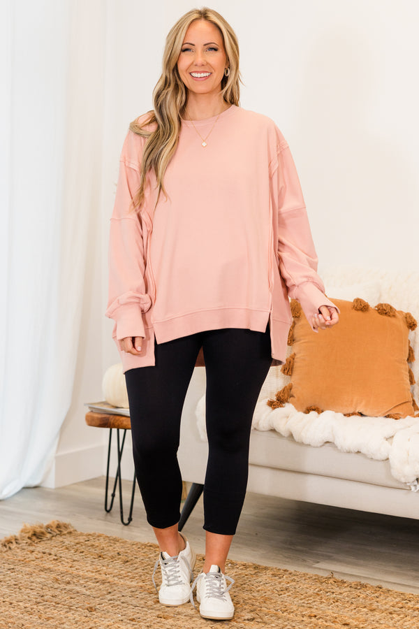Chic Soul plus size clothing, long-sleeve pink crewneck pullover with inside-out distressed stitching