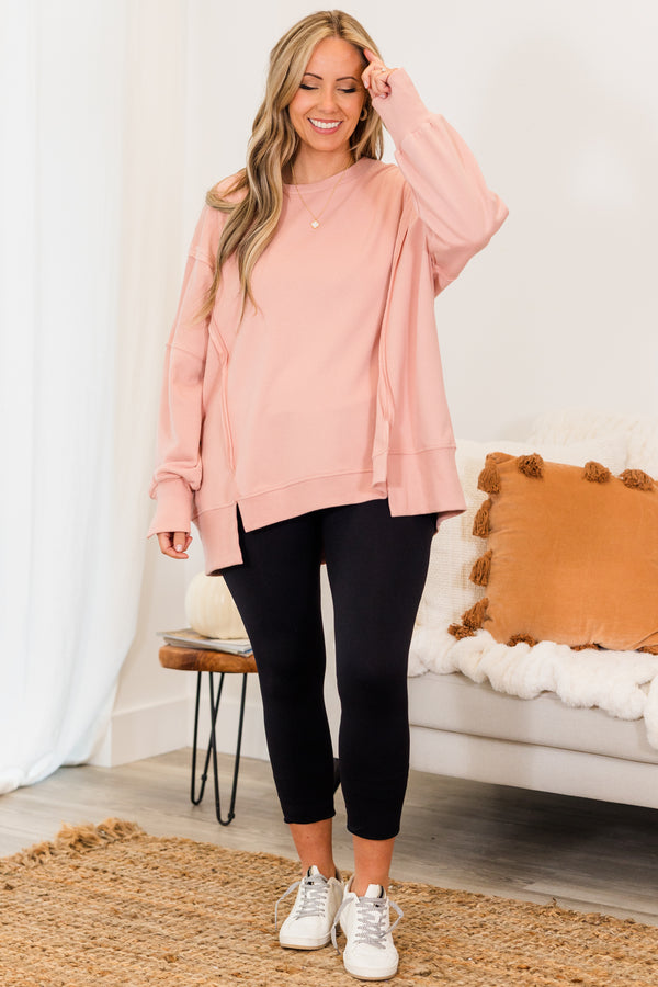 Chic Soul plus size clothing, long-sleeve pink crewneck pullover with inside-out distressed stitching