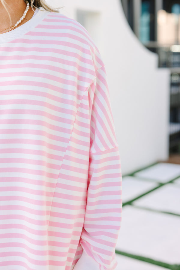 Chic Soul plus size clothing, pink stripe pullover with side slits and exposed seams