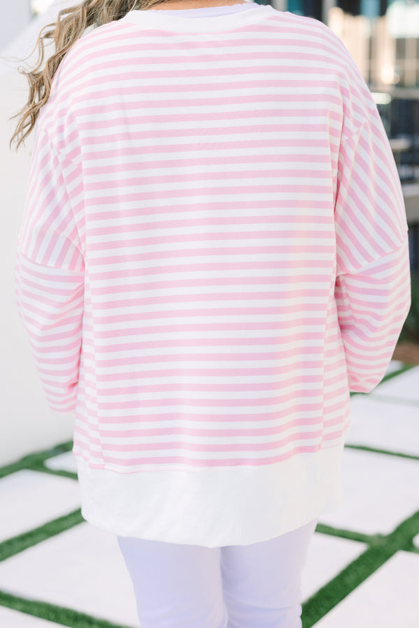 Chic Soul plus size clothing, pink stripe pullover with side slits and exposed seams