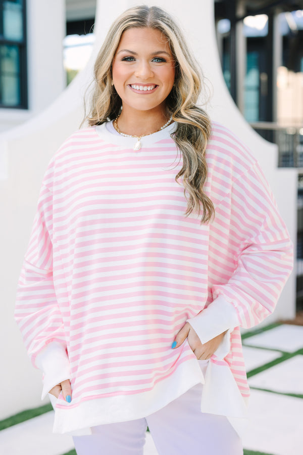 Chic Soul plus size clothing, pink stripe pullover with side slits and exposed seams