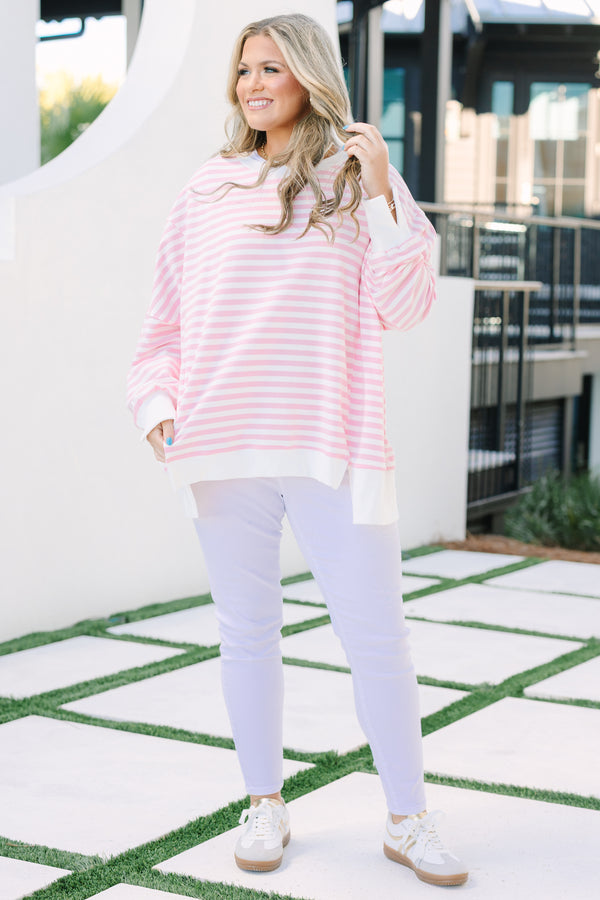 Chic Soul plus size clothing, pink stripe pullover with side slits and exposed seams