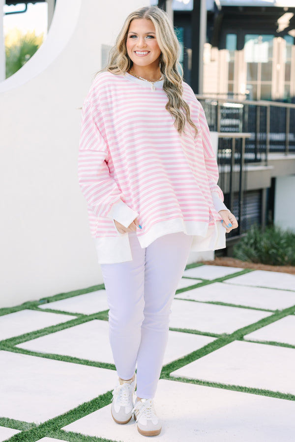 Chic Soul plus size clothing, pink stripe pullover with side slits and exposed seams