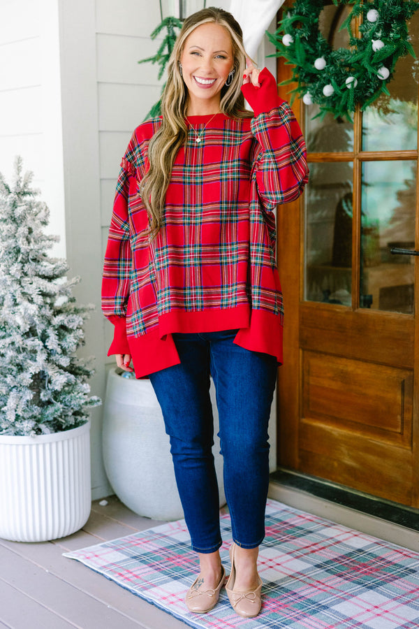 Chic Soul plus size clothing, red plaid long sleeve pullover with side slit in the bottom hem and sleeves