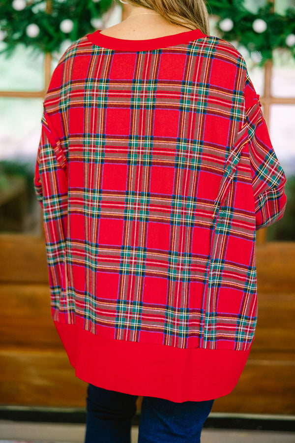 Chic Soul plus size clothing, red plaid long sleeve pullover with side slit in the bottom hem and sleeves