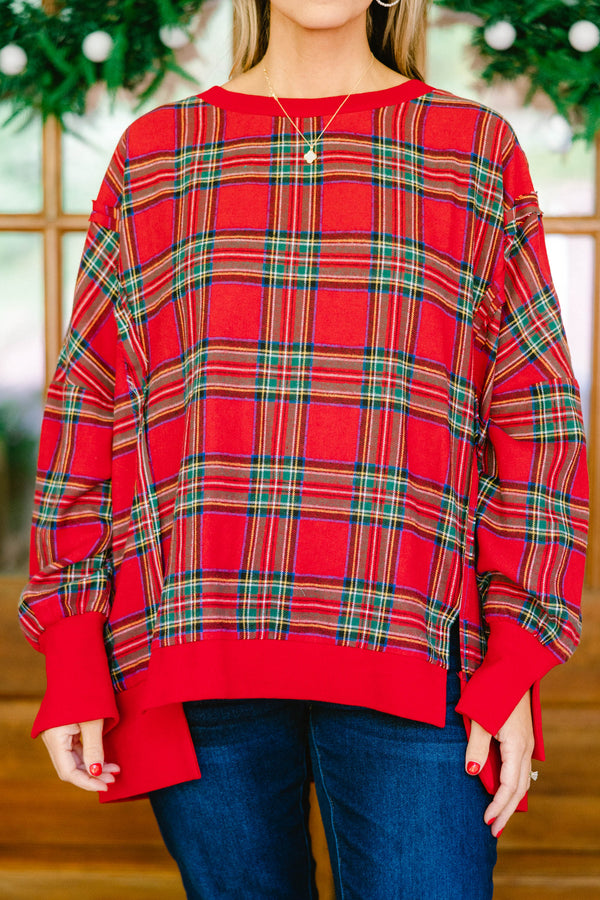 Chic Soul plus size clothing, red plaid long sleeve pullover with side slit in the bottom hem and sleeves