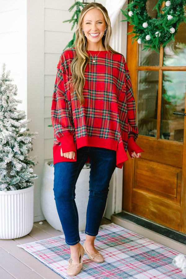 Chic Soul plus size clothing, red plaid long sleeve pullover with side slit in the bottom hem and sleeves