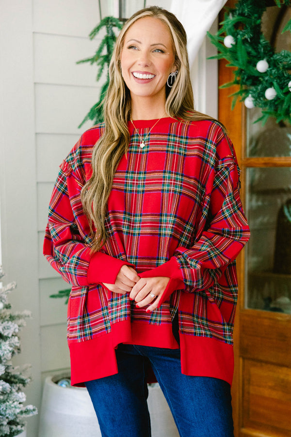 Chic Soul plus size clothing, red plaid long sleeve pullover with side slit in the bottom hem and sleeves