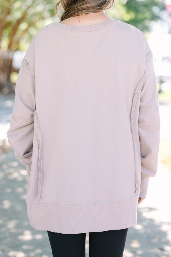 Chic Soul plus size clothing, long-sleeve taupe crewneck pullover with inside-out distressed stitching detailing 
