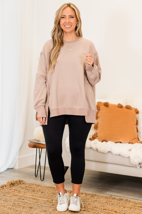 Chic Soul plus size clothing, long-sleeve taupe crewneck pullover with inside-out distressed stitching detailing 