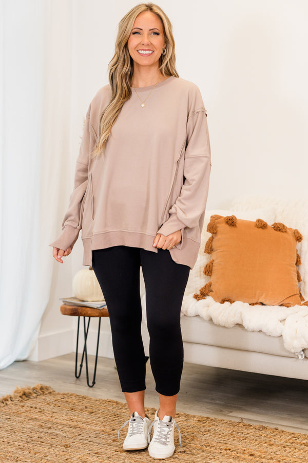 Chic Soul plus size clothing, long-sleeve taupe crewneck pullover with inside-out distressed stitching detailing 
