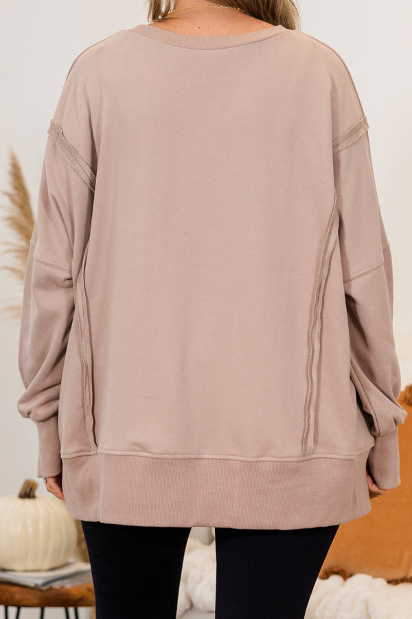 Chic Soul plus size clothing, long-sleeve taupe crewneck pullover with inside-out distressed stitching detailing 