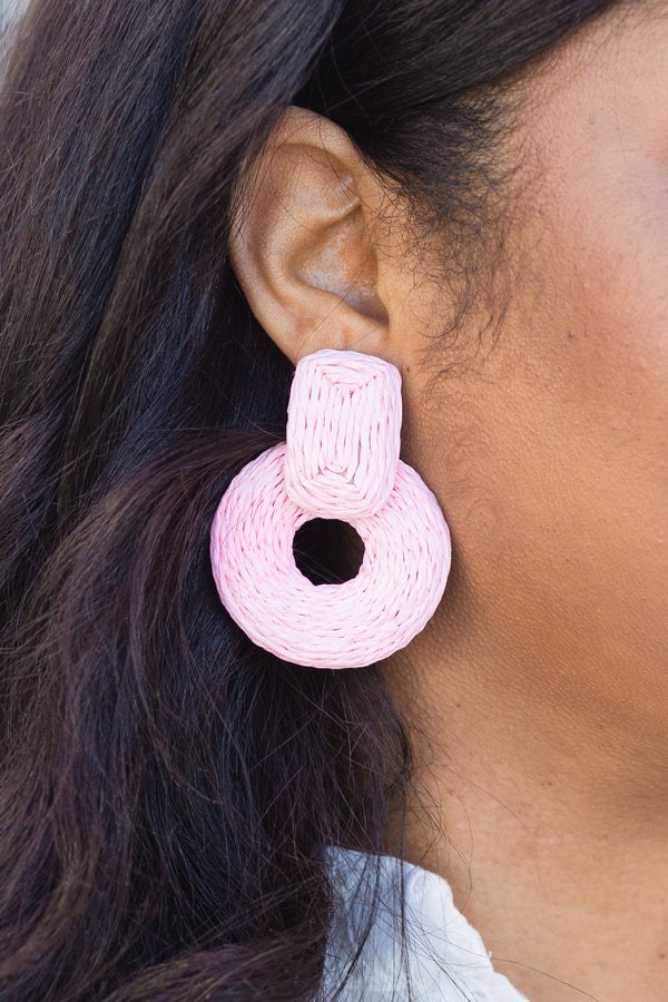 Chic Soul plus size clothing, pink woven chunky dangle earrings with a rectangle shape on top of a ring shape