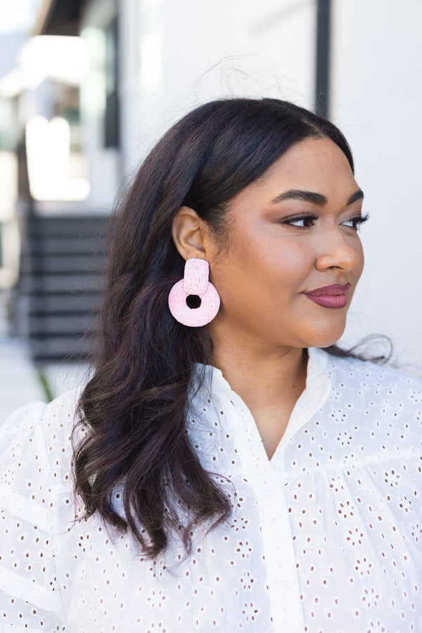Chic Soul plus size clothing, pink woven chunky dangle earrings with a rectangle shape on top of a ring shape
