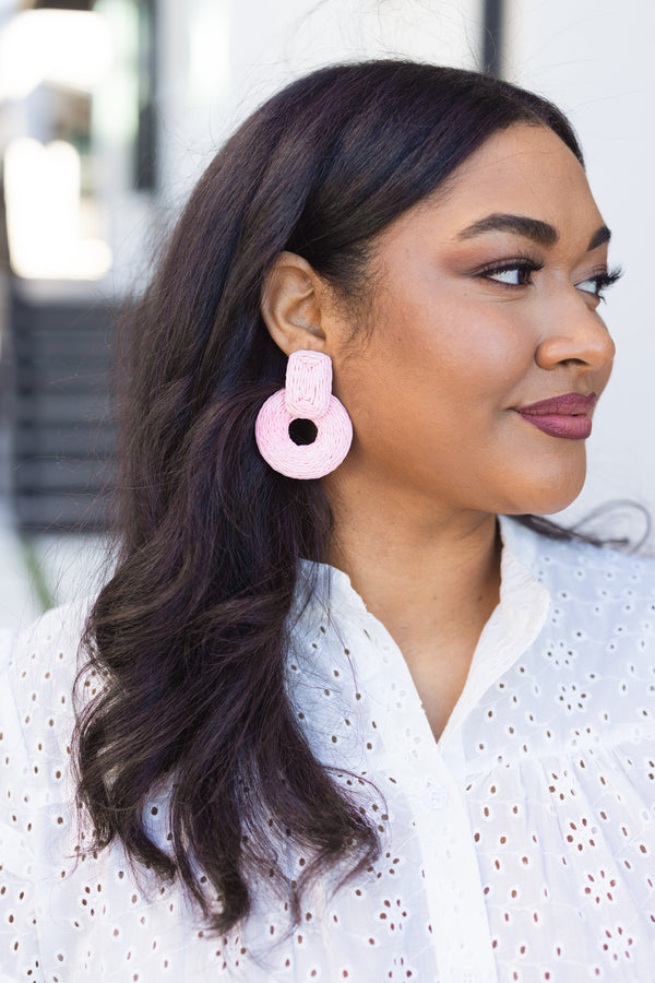 Chic Soul plus size clothing, pink woven chunky dangle earrings with a rectangle shape on top of a ring shape