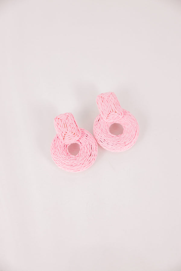 Chic Soul plus size clothing, pink woven chunky dangle earrings with a rectangle shape on top of a ring shape