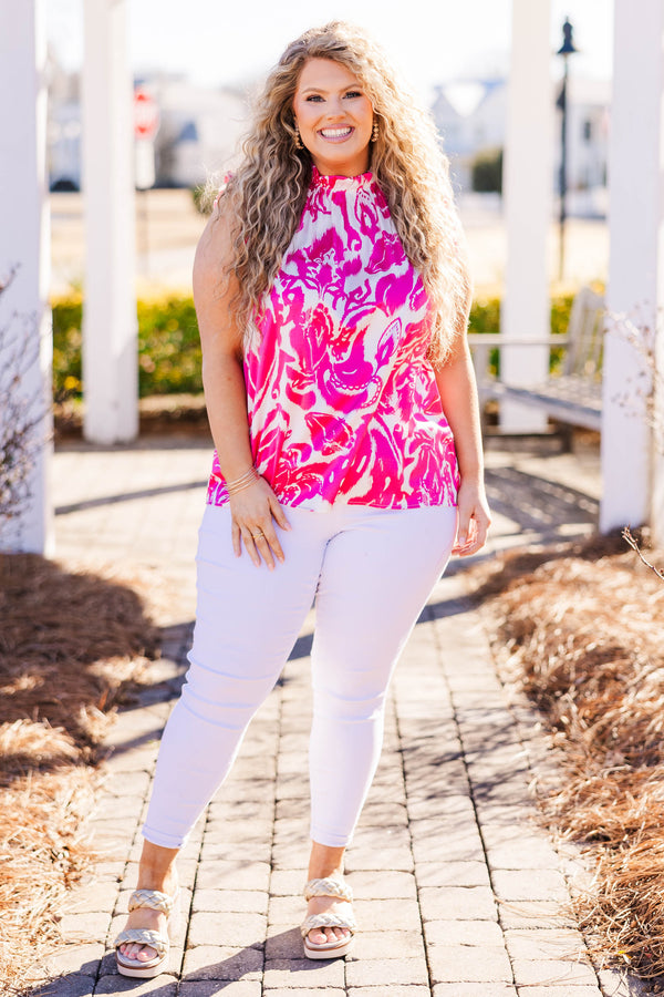 Chic Soul plus size clothing, pink abstract print top with short flutter sleeves