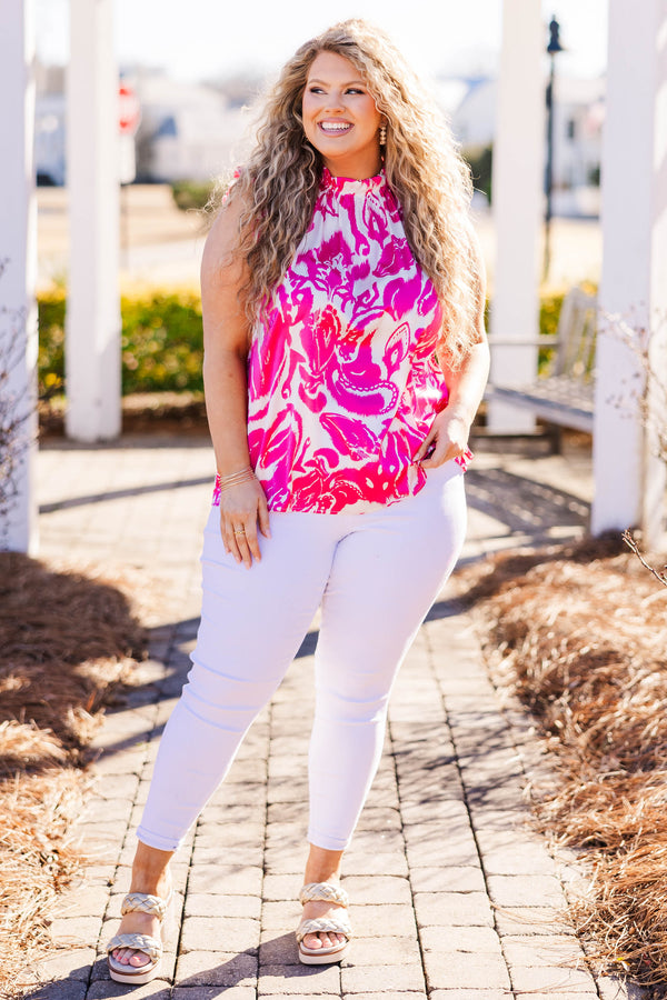 Chic Soul plus size clothing, pink abstract print top with short flutter sleeves