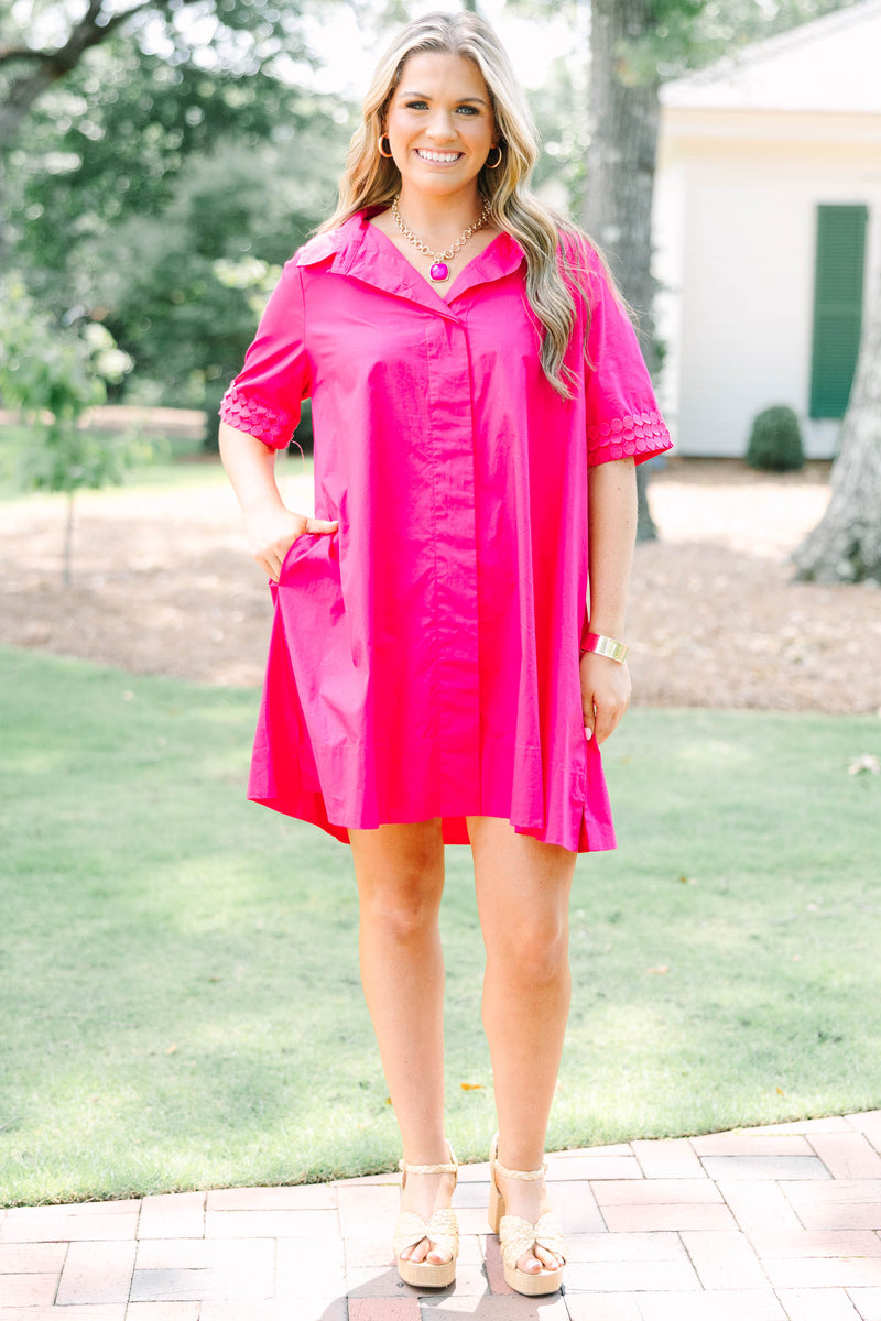 hot pink shirt dress Sunshine State Dress, – Chic Soul fit silhouette Hot Pink Poplin Shirt Dress