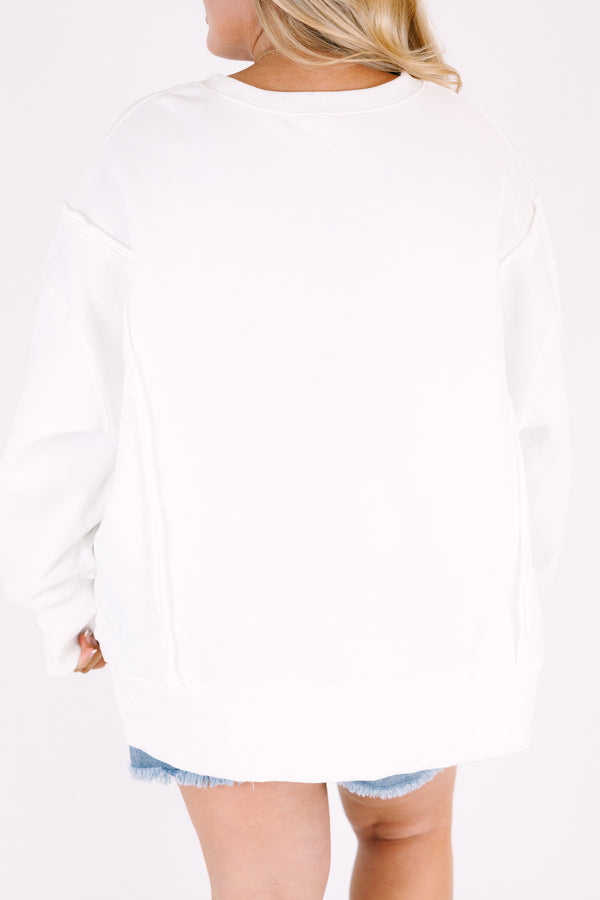 Chic Soul plus size clothing, white long sleeve crew neck with the word 